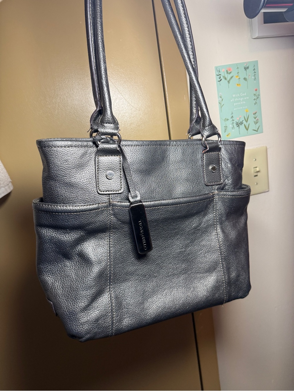 Tignanello Shoulder Purse Pebbled Leather metallic silver medium tote bag